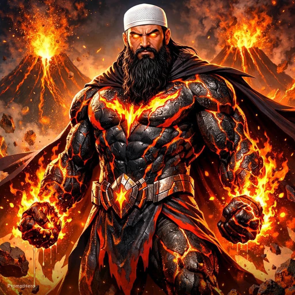 AI generated: 
magmatica Superhero, with long beard and muslim cap on the head.