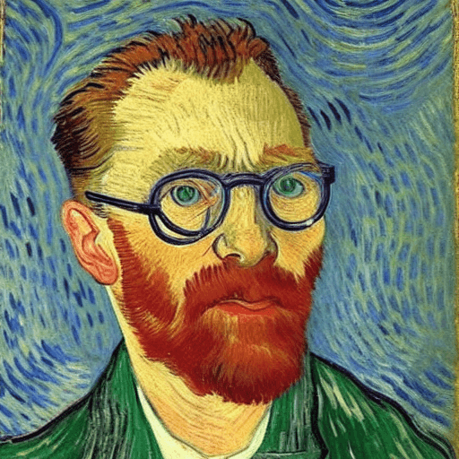 AI generated: [van gogh | matisse] three-quarter portrait of himself of a happy, smiling bald older man with a cou...