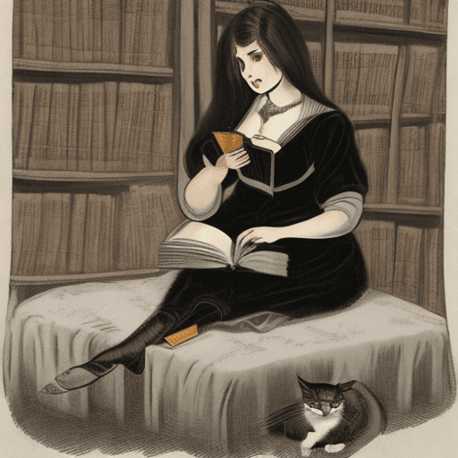 AI generated: an attractive brown-haired woman with chest-length hair sitting in an old library reading a book whi...