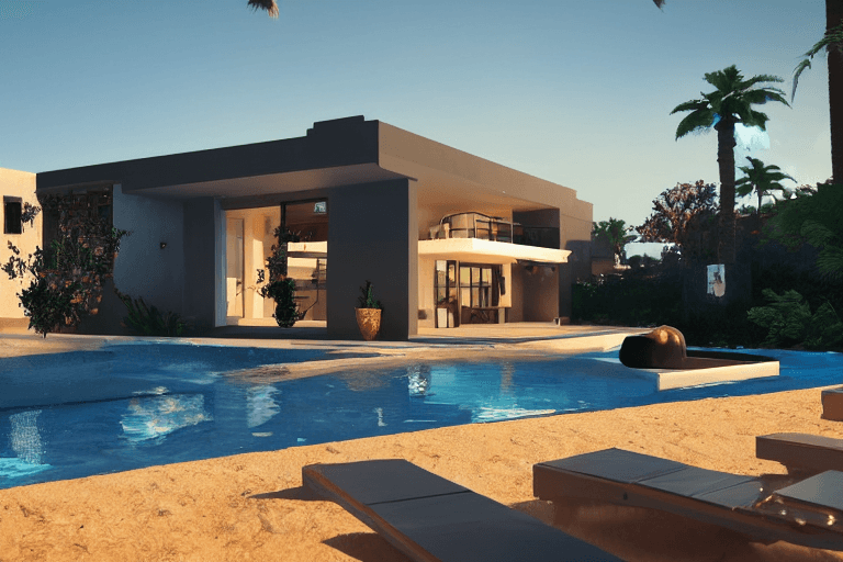 AI generated: very small modern villa, Arcade architecture, detailed, ultra-realistic, desert environment, unreal ...