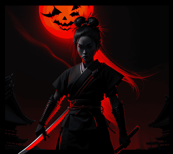 AI generated: the samurai at night with her sword, in the style of screen printing, epic fantasy scenes, comiccore...
