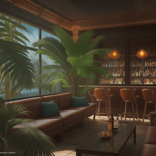 AI generated: bar, lounge, tropical interior, cypepuck, hyper realism, high detail, octane render, 8k