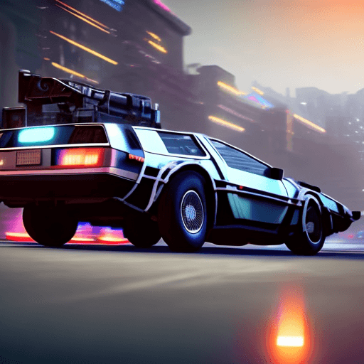 AI generated: Delorean from 'Back to the Future' at top speed, cinematic shot. Motion blur and glowing effects emp...