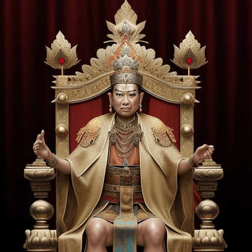AI generated: Majapahit emperor, bronze robe, necklace, earring, crown, throne