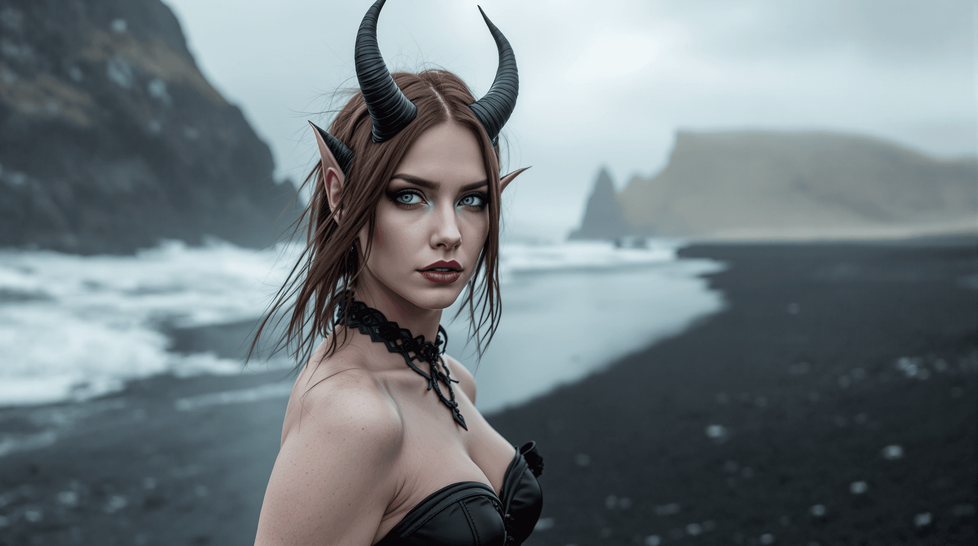 AI generated: Distant view, wide angle photo of A female Cambion (more human than demon look, age: early 20, deep ...