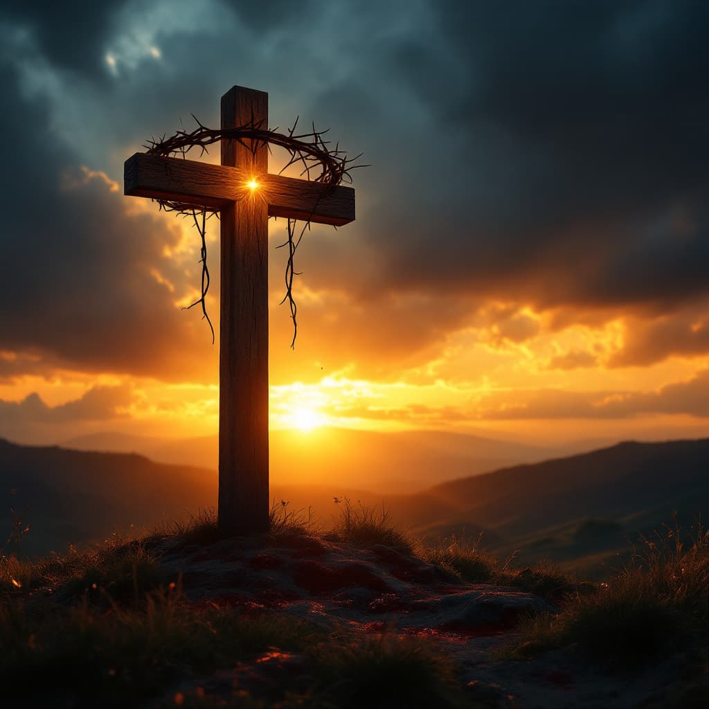 AI generated:  dramatic Christian-themed background showing a glowing wooden cross on a hill at sunset, with a cro...
