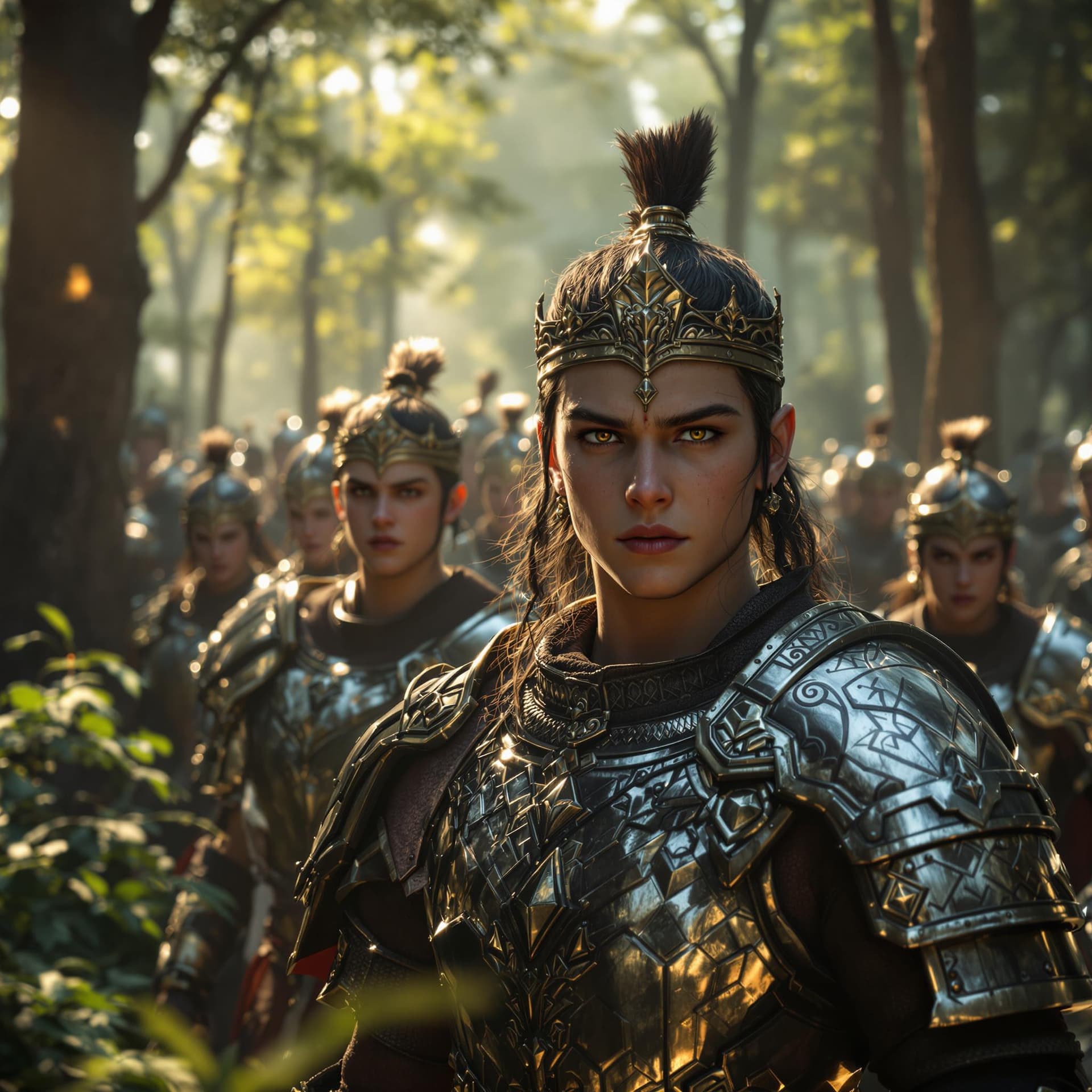 AI generated: A cinematic 3D rendering of young warriors marching in formation through a dense, sunlit forest, the...