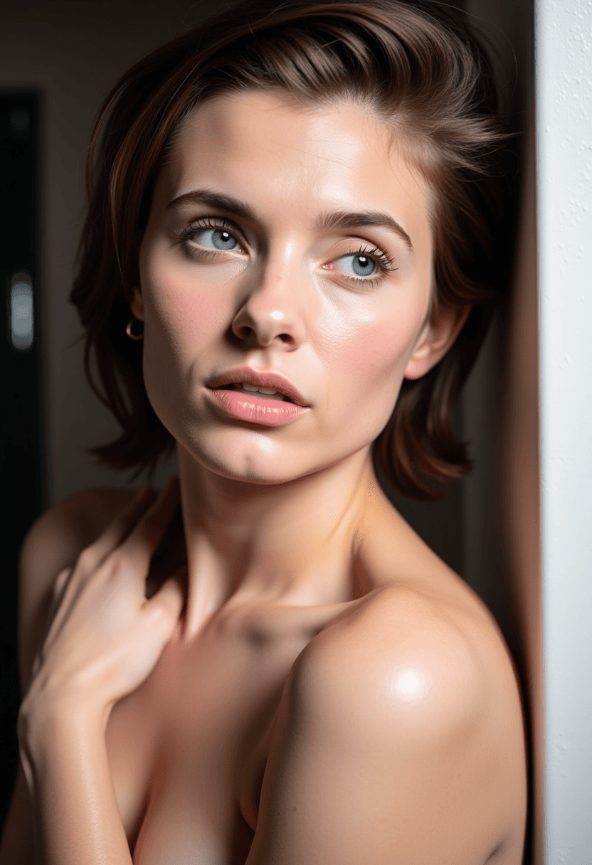AI generated: A topless woman with very short, brunette hair parted to one side, her head turned to look over her ...
