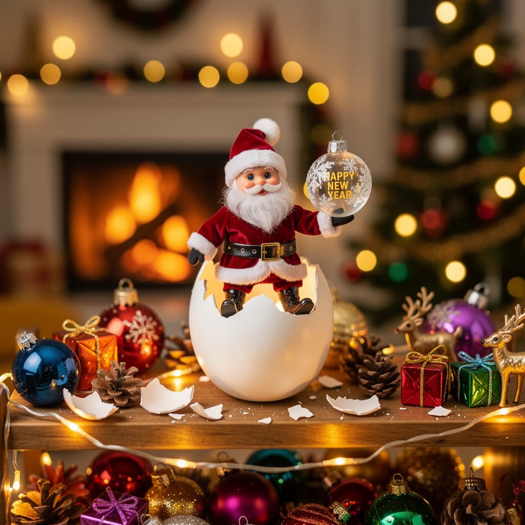 AI generated: Generate an image of a real scene of small Santa Claus breaking out through an eggshell with some gi...