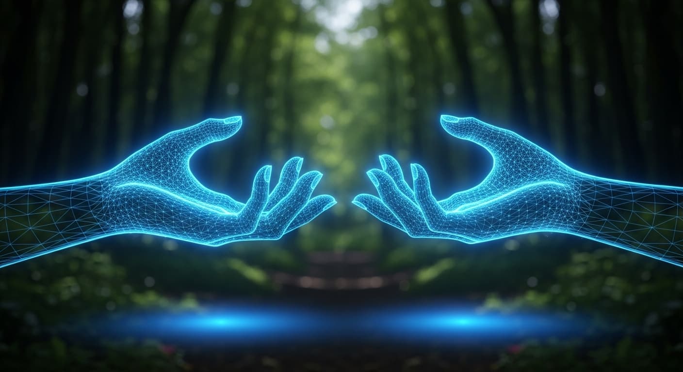 AI generated: A digital 4K  image of two ethereal glowing blue hands reaching towards each other in a mystical for...