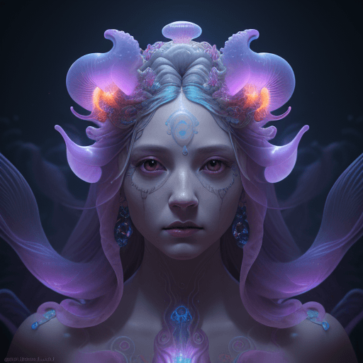 AI generated: Goddess close-up portrait ribcagel. jellyfish phoenix head, nautilus, orchid, skull, betta fish, bio...