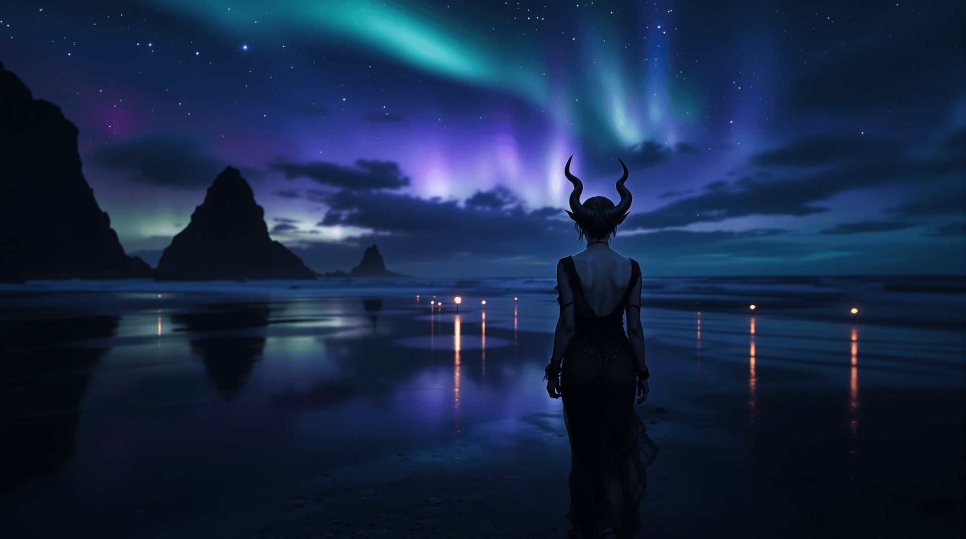 AI generated: Distant view, wide angle photo of A female Cambion (more human than demon look, age: early 20, deep ...