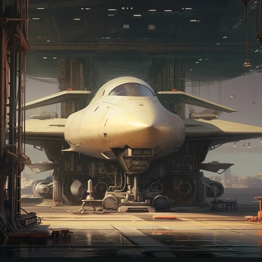 AI generated: Rocket science workshop, hangar, building a space ship, surreal art, dreamy, mysterious fog around, ...