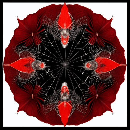AI generated: three spiders sit on a spider lily and weave a web, an image in the style of a tattoo sketch in blac...