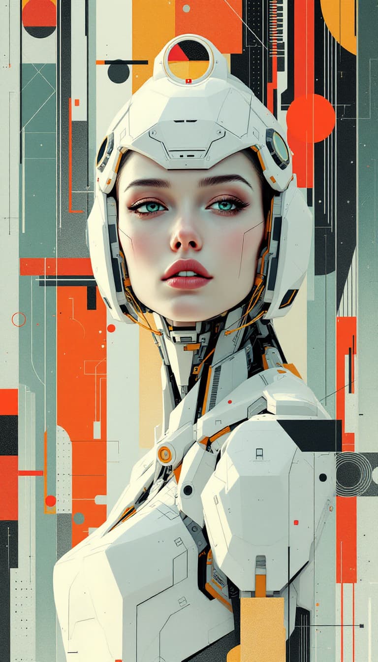 AI generated: A constructivist-style digital illustration of a Rule 63, full-body female robot, with esthetically ...