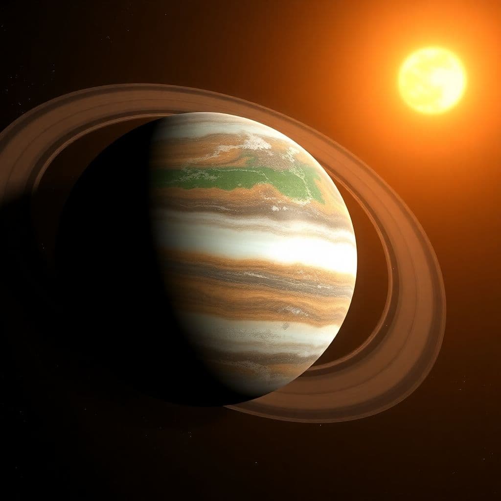 AI generated: planet which looks like earth but has mercury seas and planetary rings and multiple suns