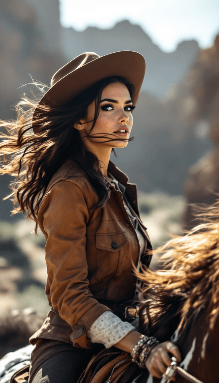 AI generated: Incredibly beautiful Brunette Cowgirl with light brown eyes, long eyelashes, black eyeliner, freckle...