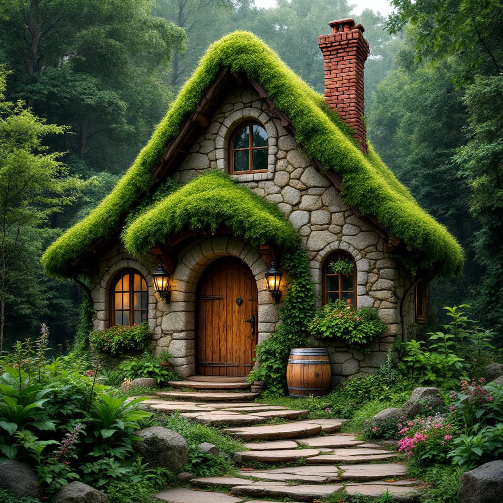 AI generated: A photo realistic, moss-covered stone cottage nestled in a lush green forest. The cottage features a...