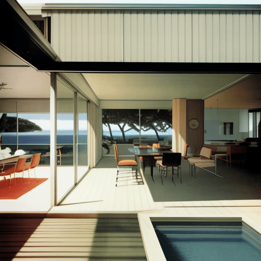 AI generated: Hyper realistic eye level exterior photo of a mid century modern style house overlooking the ocean, ...