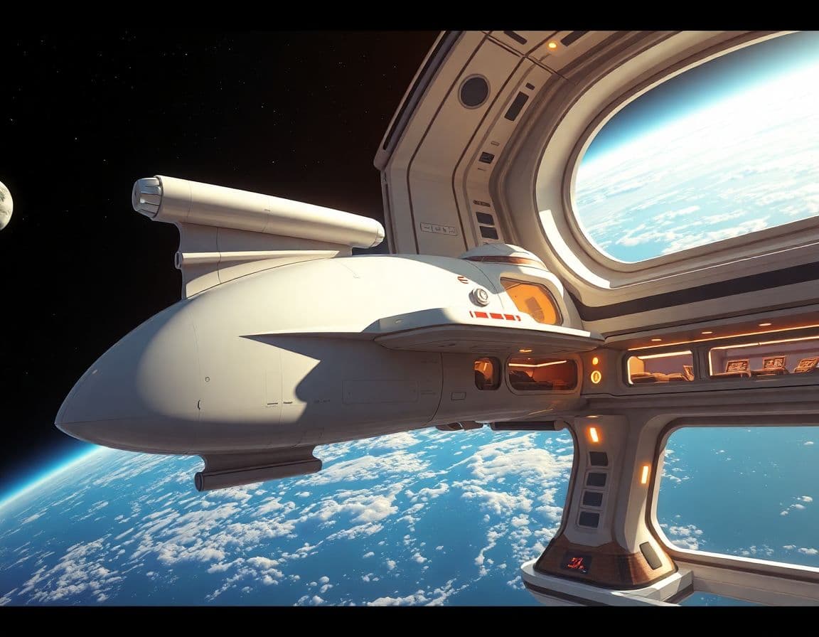 AI generated: A (((sleek White spacecraft with a minimalist design))), adorned with retro elements, floating in sp...