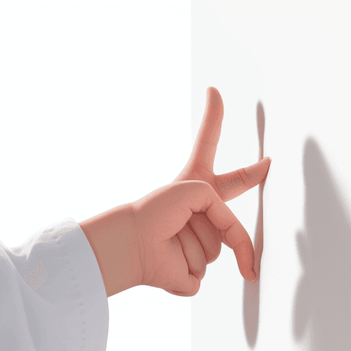 AI generated:  A child's hand closed with the index finger pointing up. The palm of the hand facing the wall. On a...
