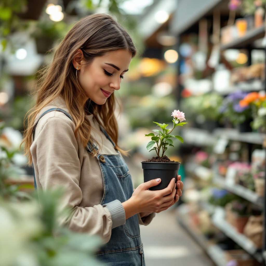 AI generated: the pertty female walking through a garden center. She picks up a small, fragile plant in a pot, the...