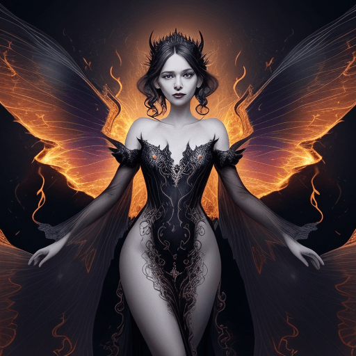 AI generated: A fairy queen of darkness, elegant, with wings that seem made of fire. Pearly silk clothing, with de...