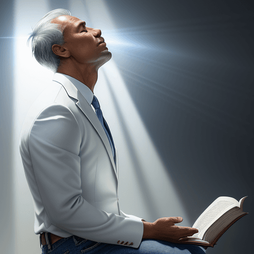 AI generated: Photorealistic illustration of a Christian man in his 50s, humble and of medium build, in profile, d...