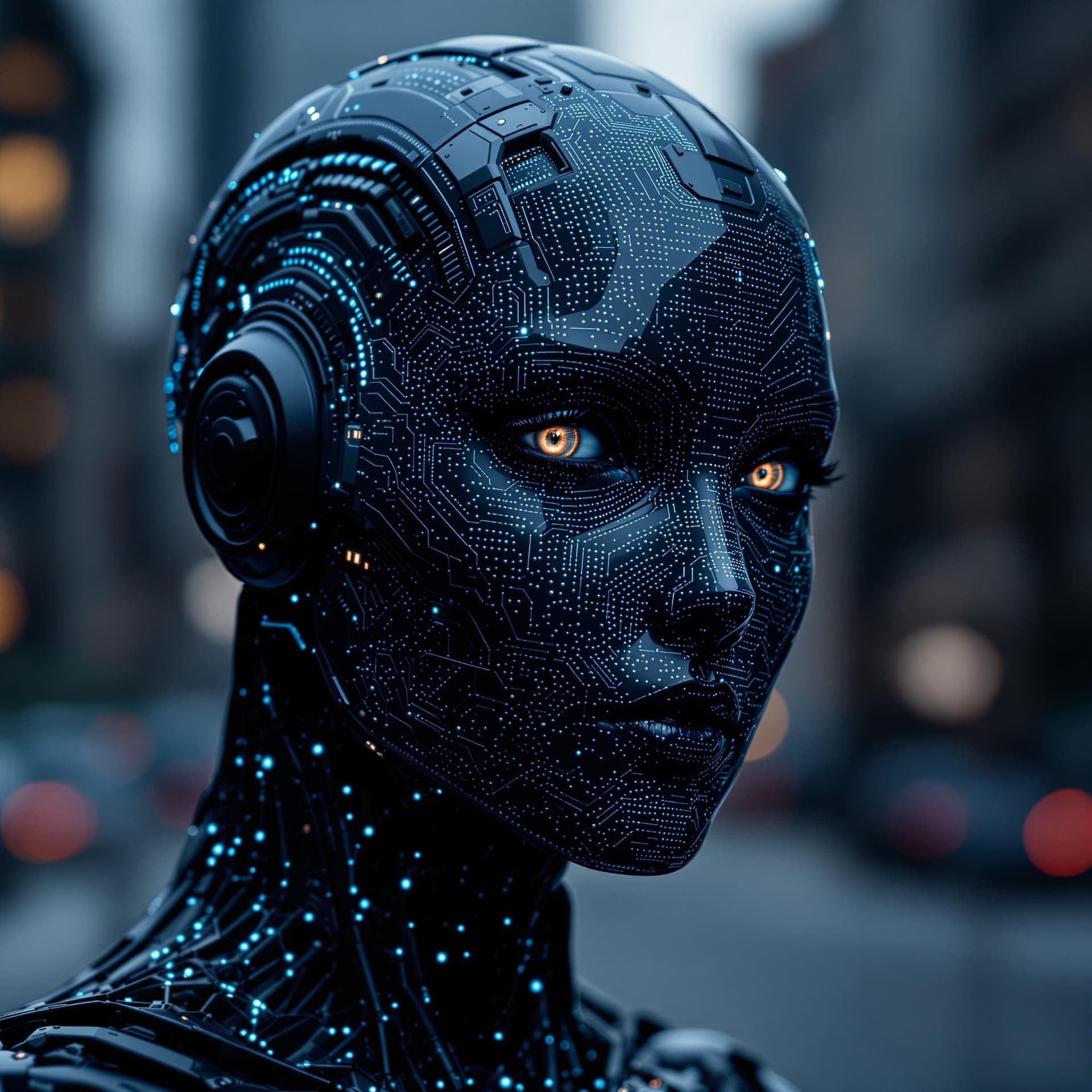 AI generated: A gritty digital photograph of an advanced humanoid robot's head and upper shoulders, 2/3 view, desi...