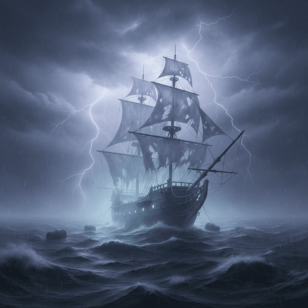 AI generated: "A ghost ship floating in a misty sea under a thunderstorm"
