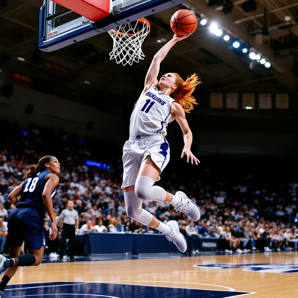 AI generated: The image shows a female, caucasian basketball player with shoulder length ginger hair, in a white u...