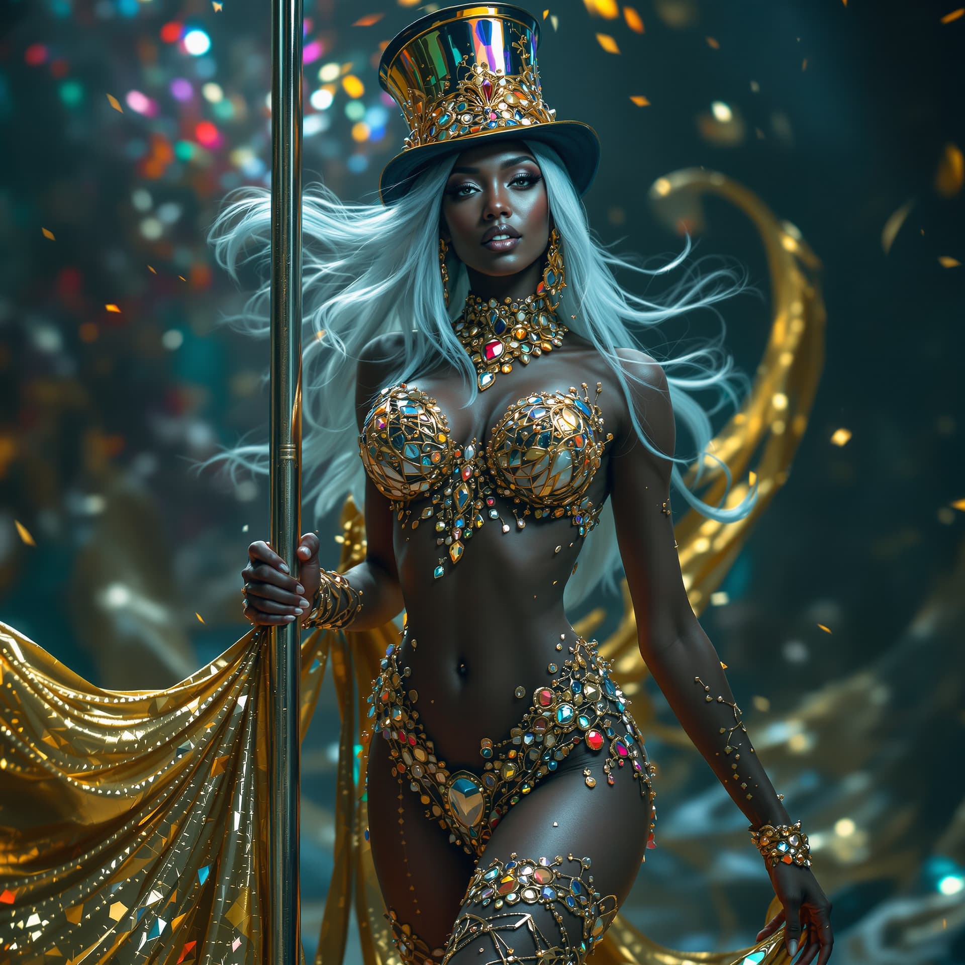 AI generated: Psychedelic, surreal Black woman. Whole body, solo, outstanding woman, futuristic female pole dancer...