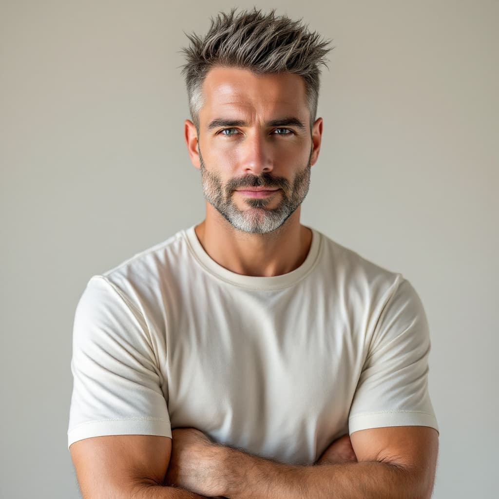 AI generated: Photo of a 46-year-old white American man, sun-kissed skin, short spiked hair, short grey beard, wea...