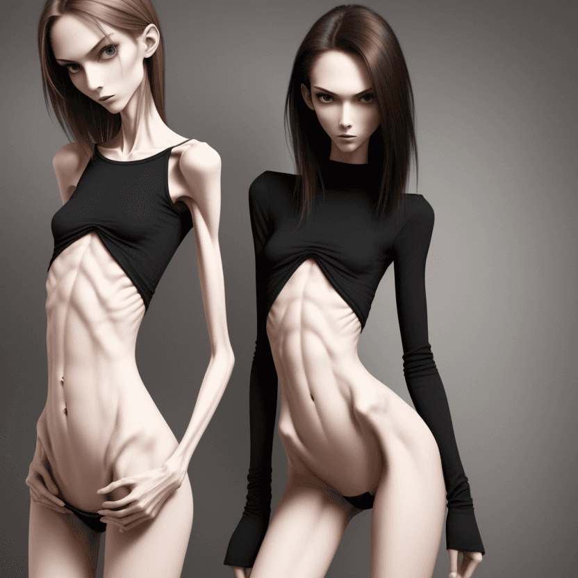 AI generated: extreme beautiful skinny slender (almost anorexic)  girl with skinny slender thighs narrow, 