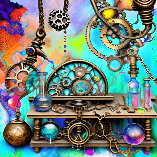 AI generated: digitally creative psychedelic collage, steampunk, alchemist, chemistry, jewelry designer, work benc...