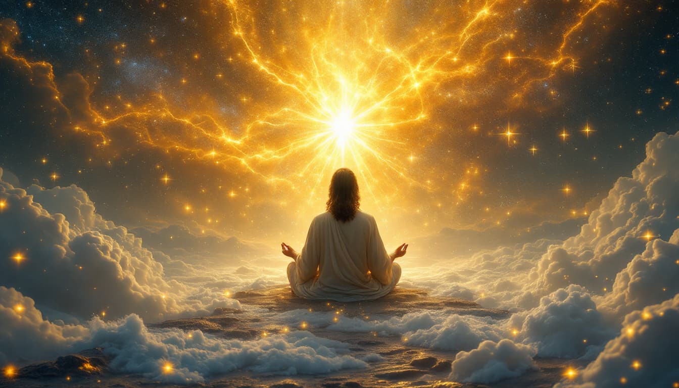 AI generated: 
jesus  in  .n zen meditation hovering above golden light from pleyada starsand from the heaart gold...