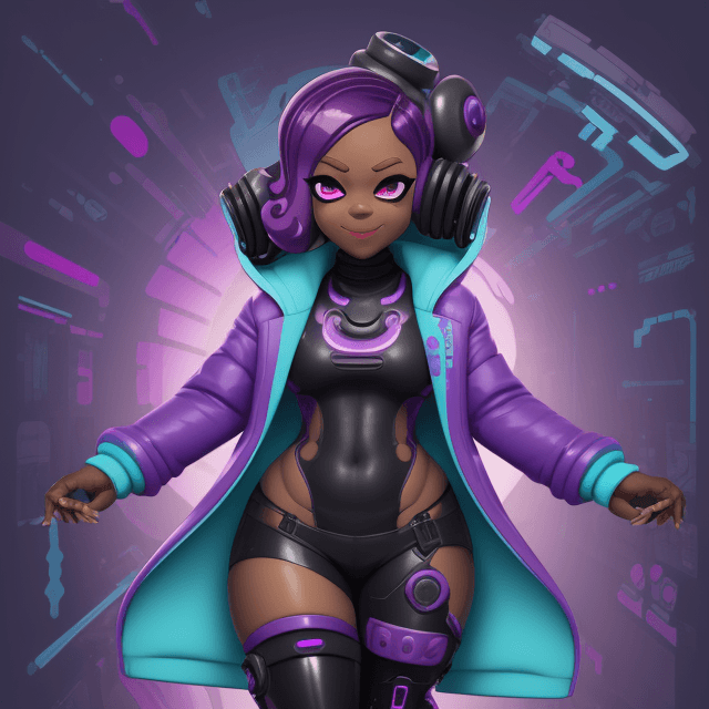 AI generated: Splatoon, octoling, cyan, purple, dark skin, adult, thick thighs, chest, futuristic tech, spiral, ev...