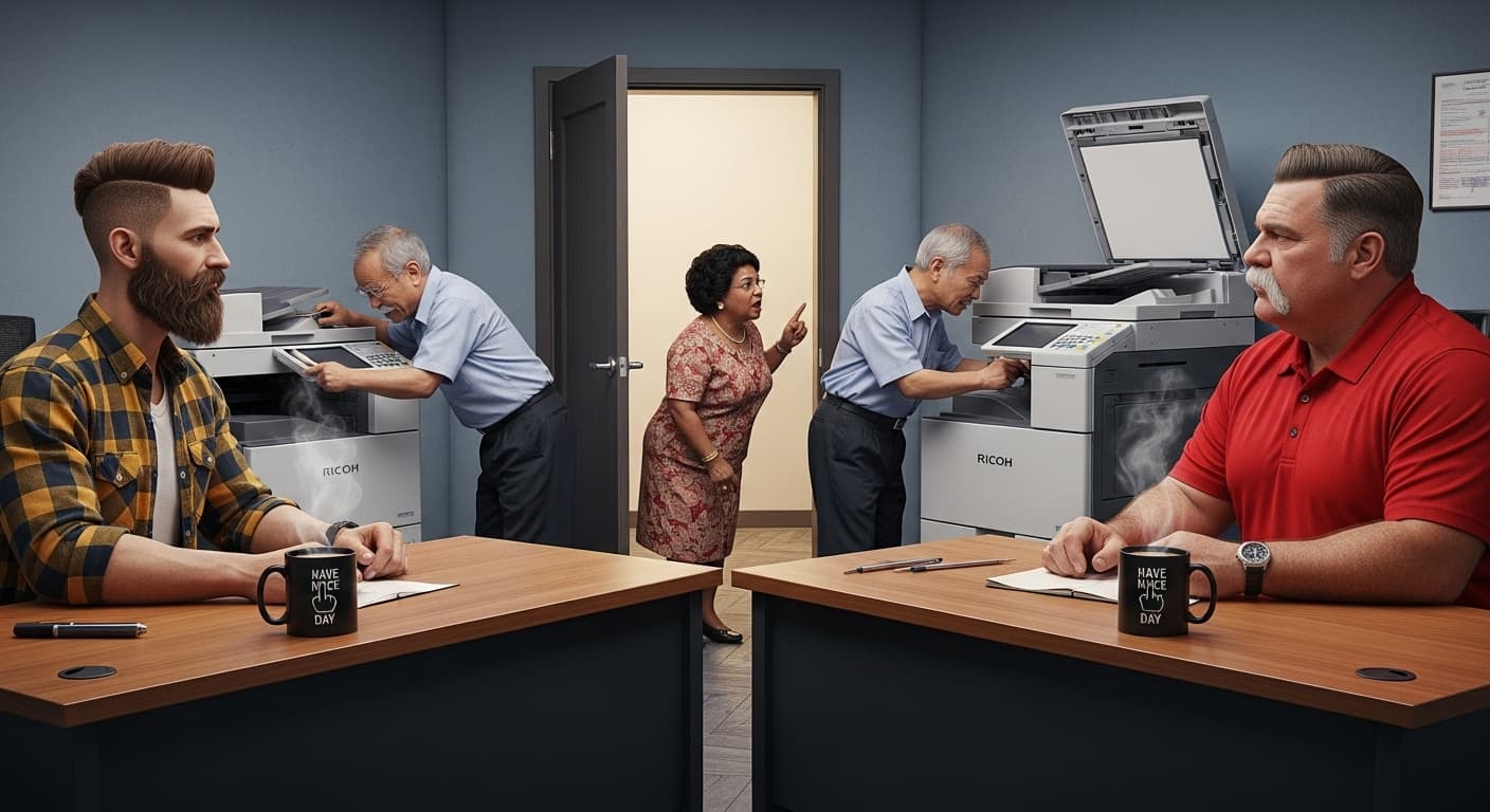 AI generated: Generate a realistic lifelike image of a small office, there are two corner desks opposite each othe...