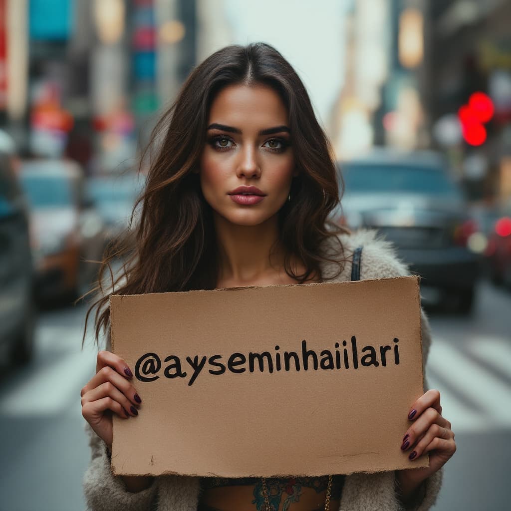AI generated: A beautiful femmefatale holding a sign that says "@ayseminhalilari" on it. Shes in the middle of a b...