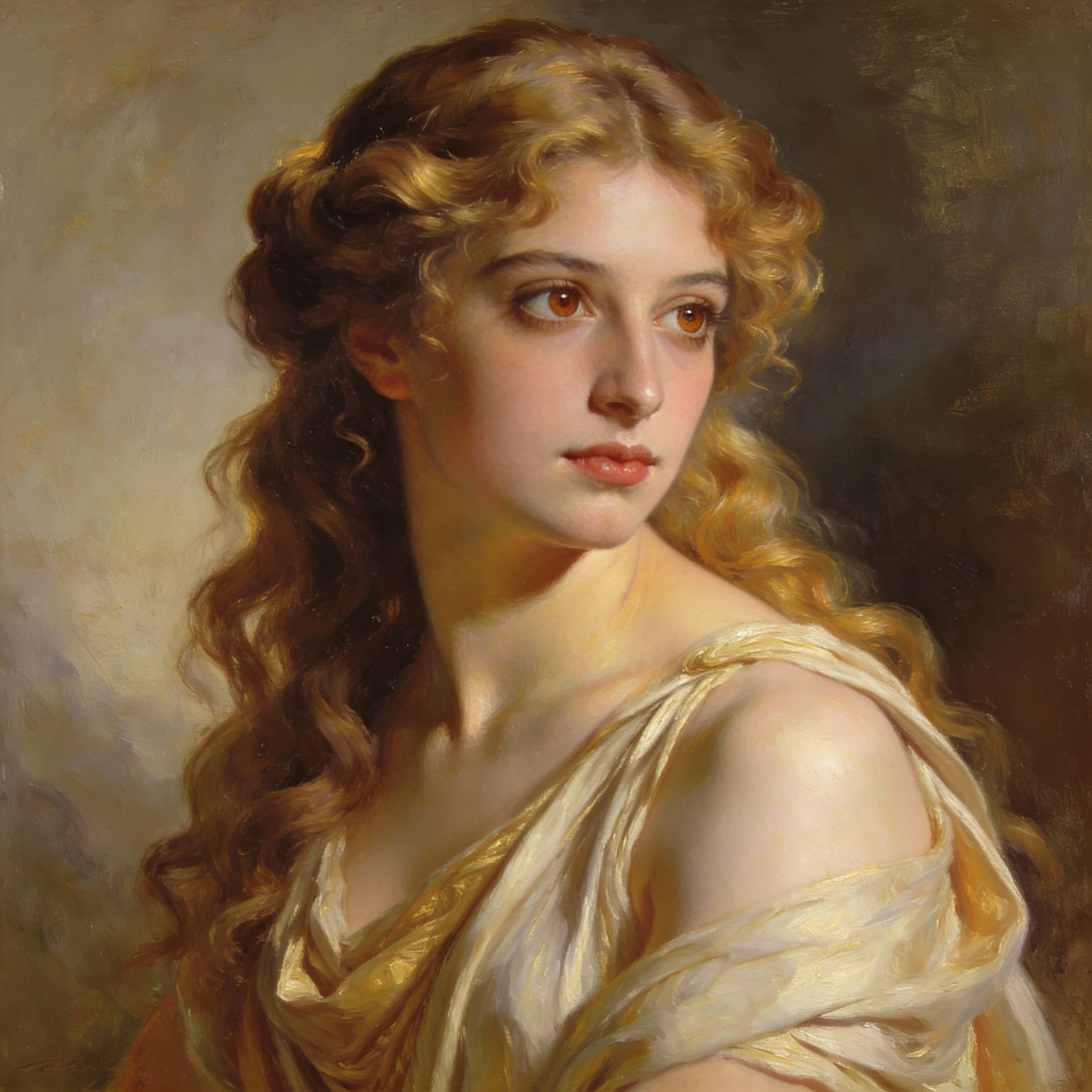 AI generated: classical Greek beauty portrait, curly blondish brown hair, pale luminous skin like snow, large brow...