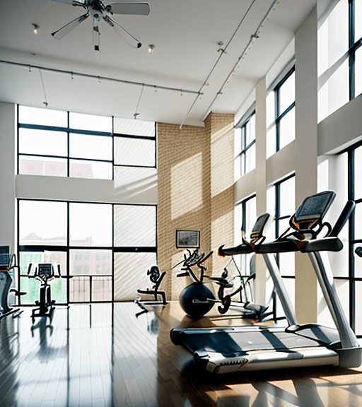 AI generated: High resolution interior design photography, of a gym inside a building with apartments around it fi...