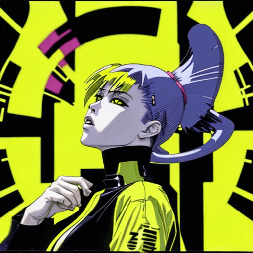 AI generated: early techno rave music inspired,  crazy dancing, by ghost in the shell, 90s manga aesthetic, expres...