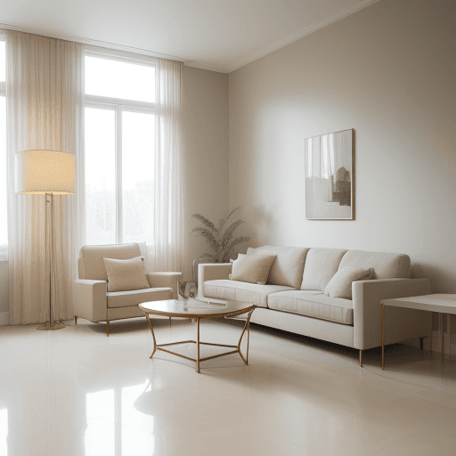 AI generated: Photograph, contemporary living room, soft light of morning, integration of beige flooring and matte...