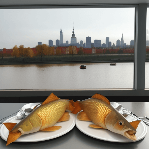 AI generated: a few crucian carps with human faces next to shit piles on silver plates on a kitchen table , Warsaw...