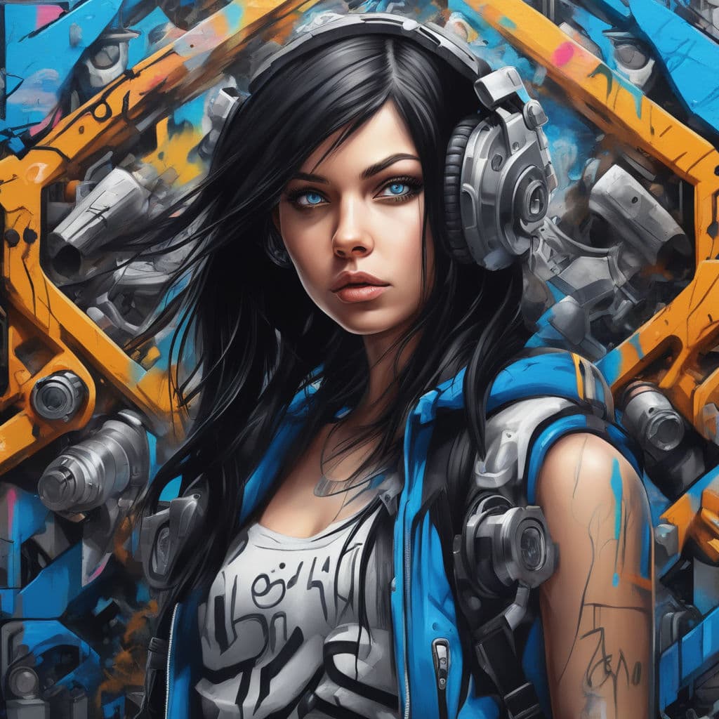 AI generated: graffiti style young women blue eyes black hair highly detailed . street art, vibrant, urban, detail...