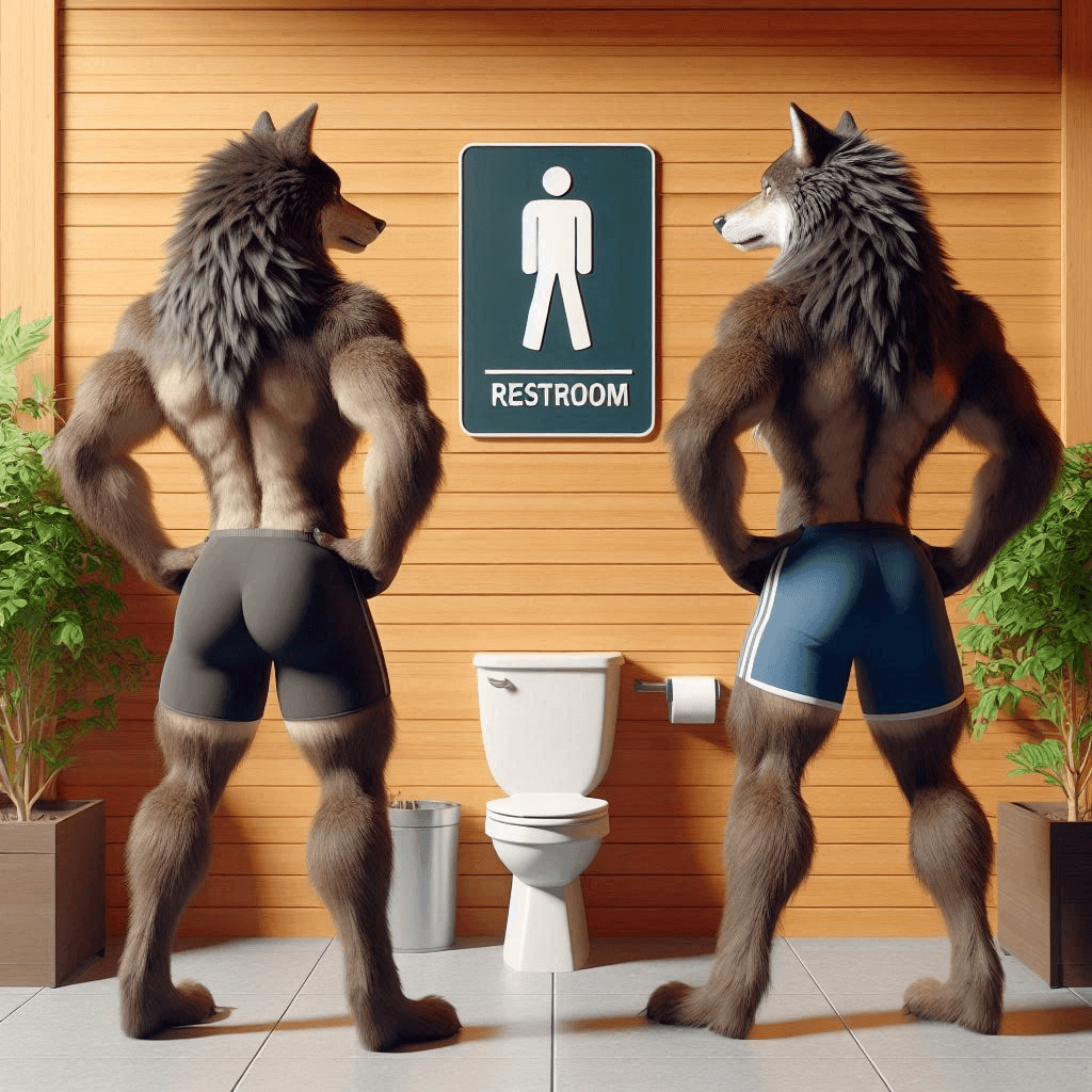AI generated: Cinematic professional 3D animation of two long-furred wolves in gym shorts facing a restroom toilet...