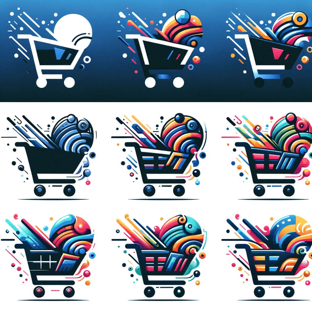 AI generated: Create six versions of a dynamic, joyful logo representing an e-commerce shopping cart. Each version...