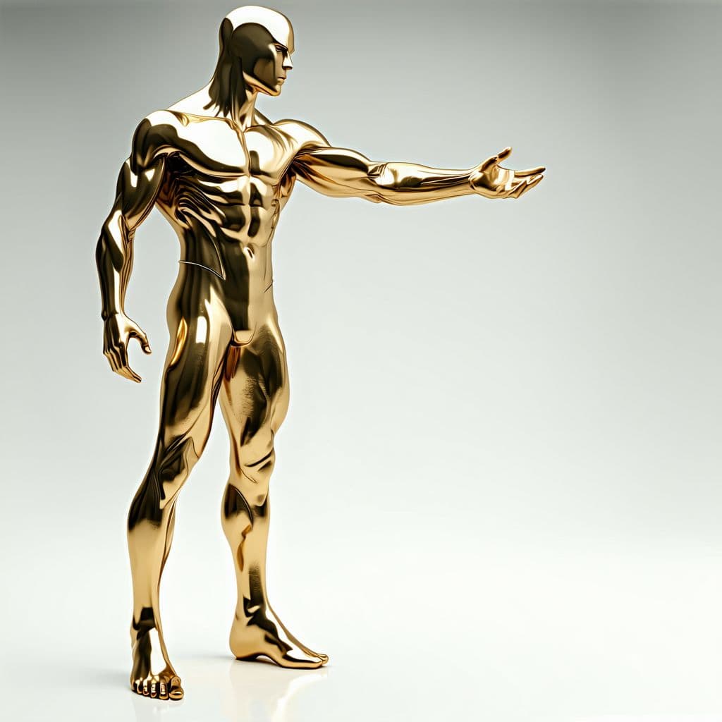 AI generated: A gold androgynous silver surfer inspired by the movie fantastic 4 and silver surfer however all fea...