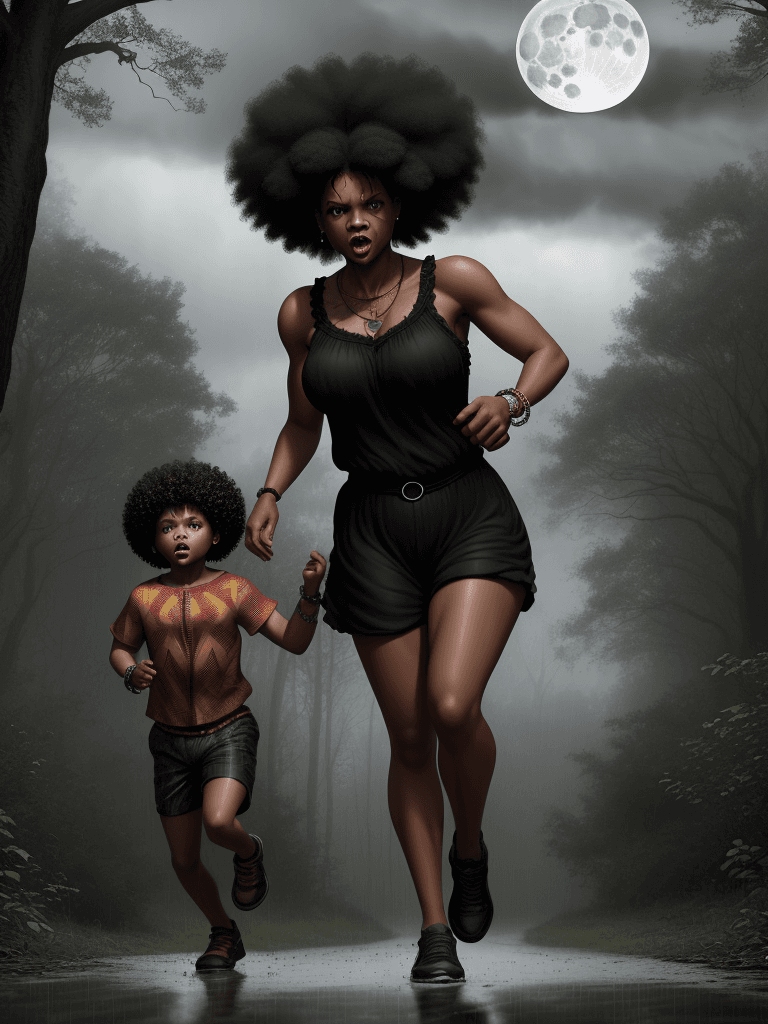 AI generated: black woman and son, running in the forest ,curly  afros, woman in sundress, child in shorts, americ...