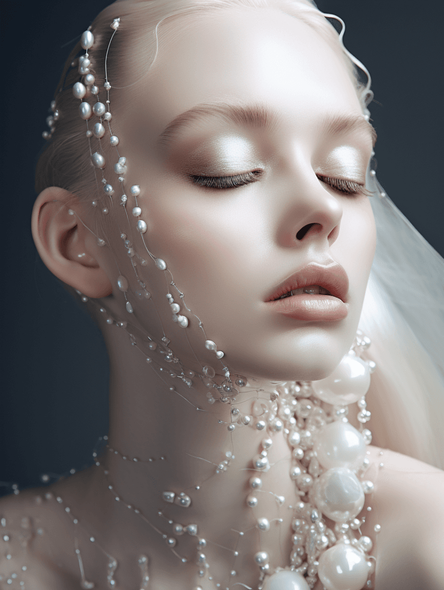 AI generated: pale makeup with pearl parts on her face, white beautiful make up model, 8k, photo realism, editoria...